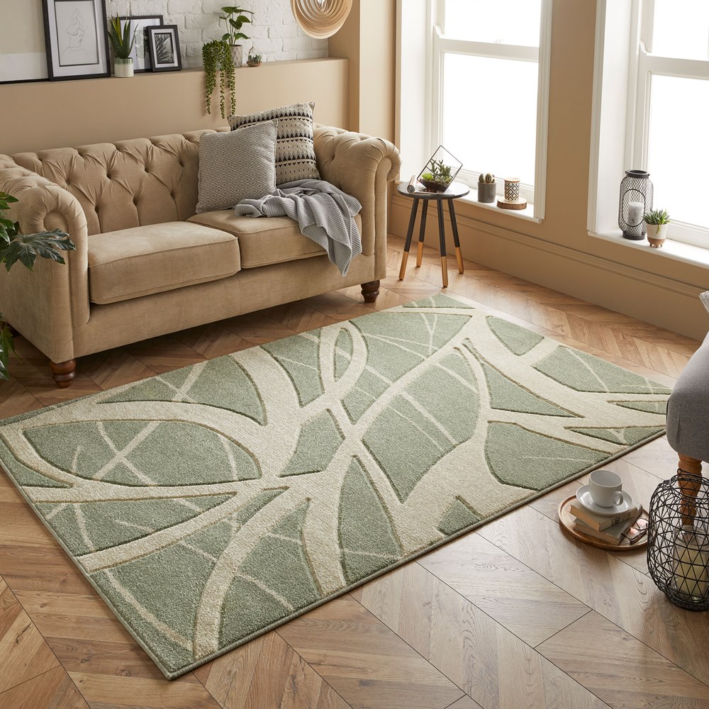 Portland 57 G Abstract Carved Rugs in Green Cream